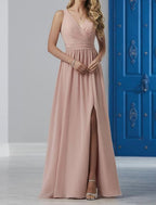 Elegant A-Line Bridesmaid Dress V-Neck Pink Floor Length Chiffon With Pleats Crystals Draping
