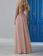 Elegant A-Line Bridesmaid Dress V-Neck Pink Floor Length Chiffon With Pleats Crystals Draping