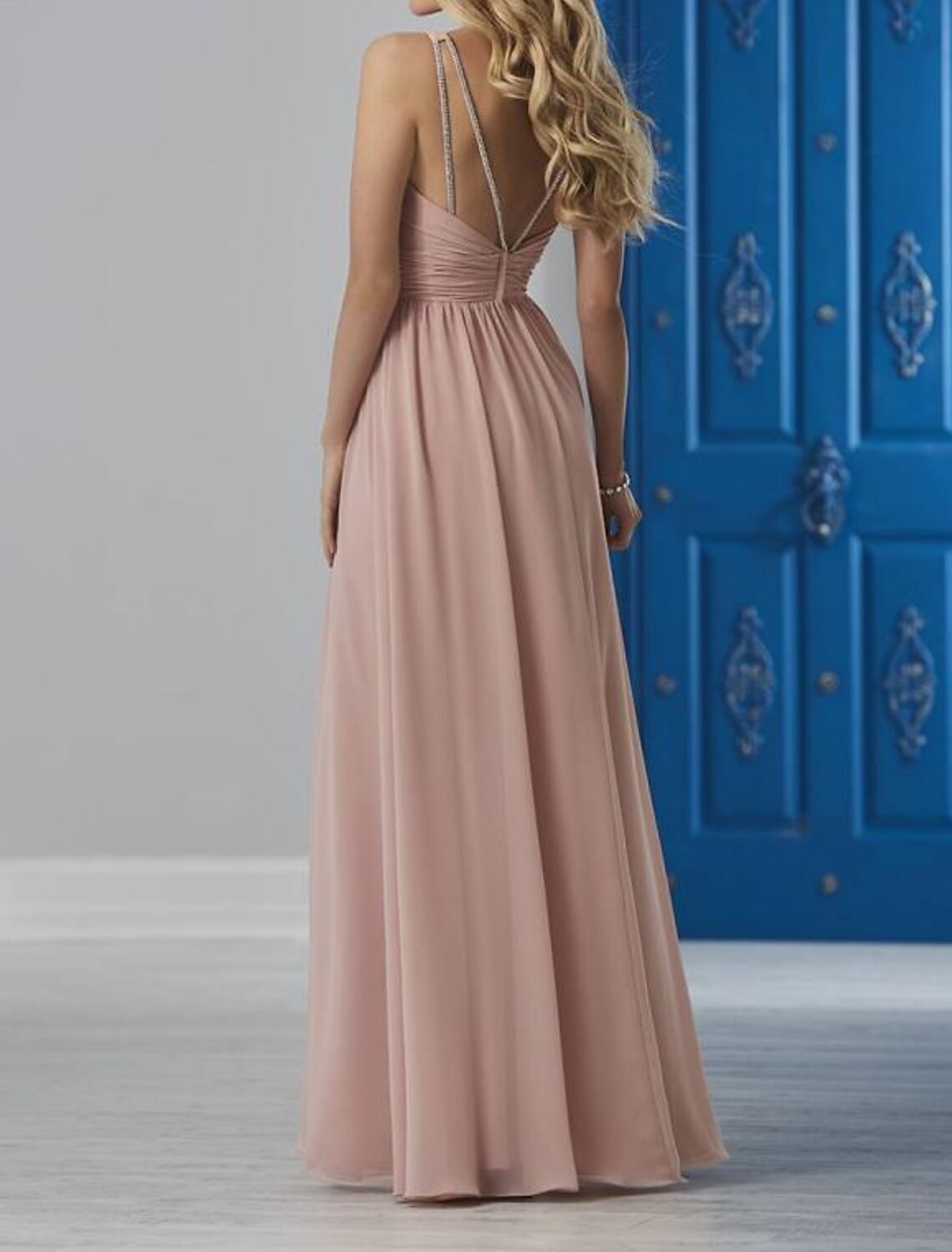 Elegant A-Line Bridesmaid Dress V-Neck Pink Floor Length Chiffon With Pleats Crystals Draping