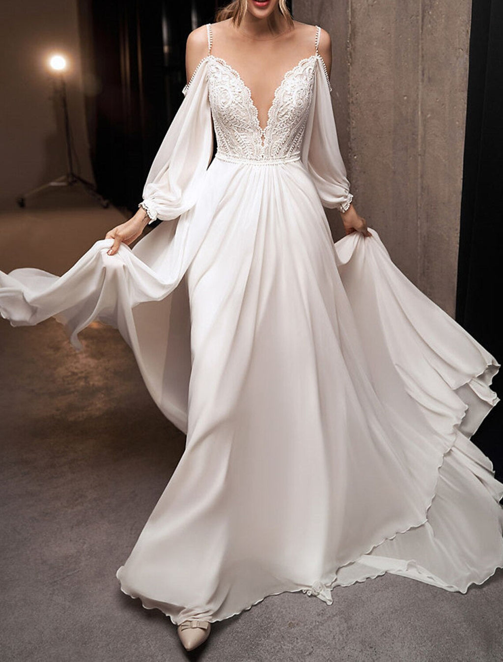 Boho Beach Wedding Dress Aline Off Shoulder Long Sleeve Chiffon Beaded Appliques Brush Train For Brides