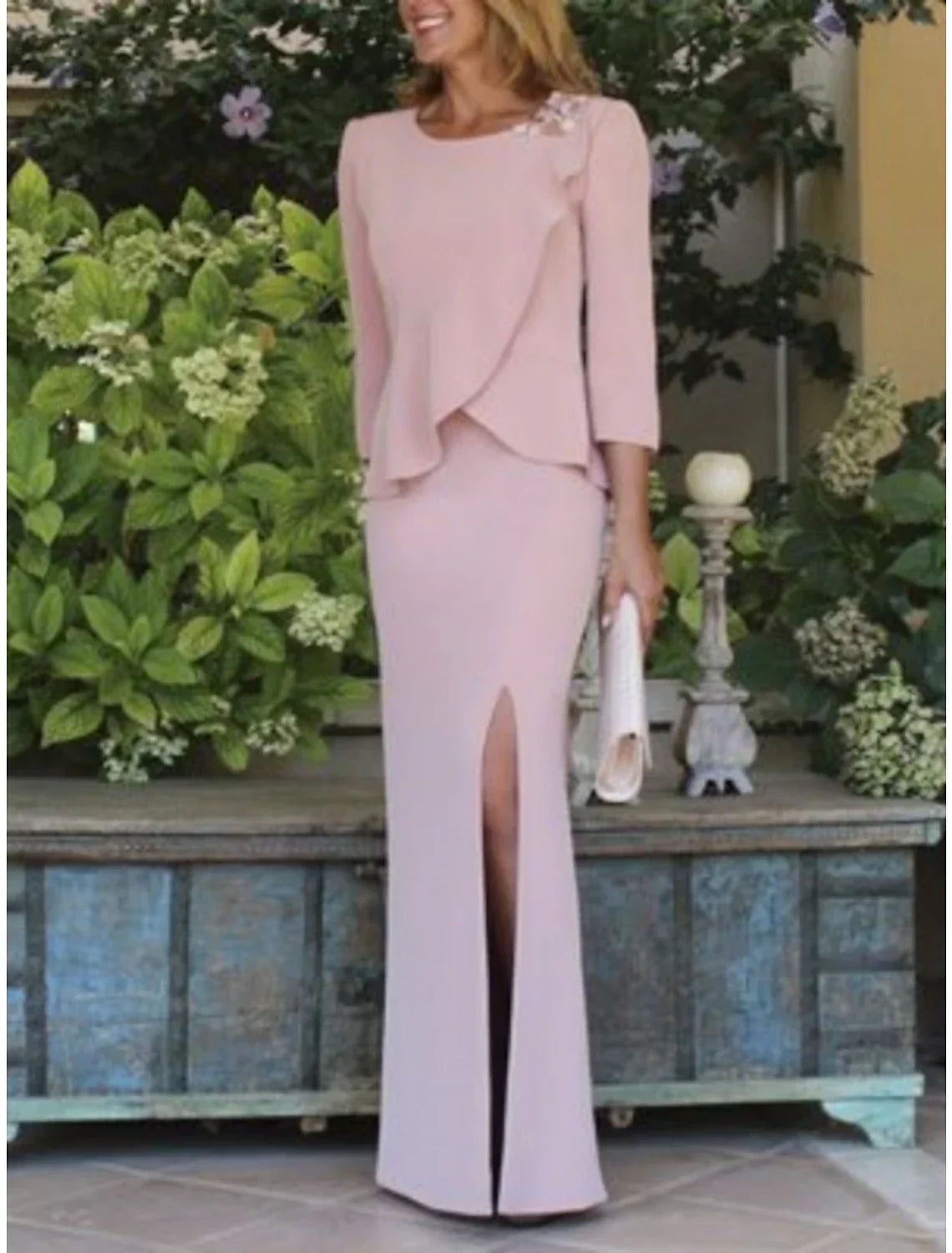 Mother Of The Bride Dress Chiffon Sheath Floor Length With Appliques Elegant Scoop Neck Three Quarter Sleeves