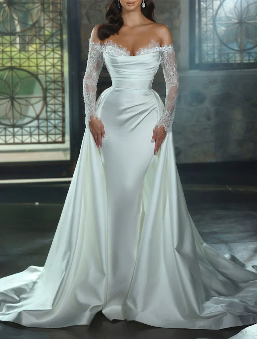 Engagement Satin Wedding Dress For Brides Off Shoulder Long Sleeve Sheath Gown With Appliques And Chapel Train