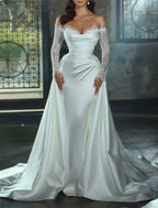 Engagement Satin Wedding Dress For Brides Off Shoulder Long Sleeve Sheath Gown With Appliques And Chapel Train