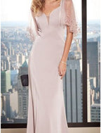 Mother Of The Bride Dress Sheath Gown For Wedding Guests Elegant Chiffon Lace V Neck Floor Length Short Sleeve Pleats