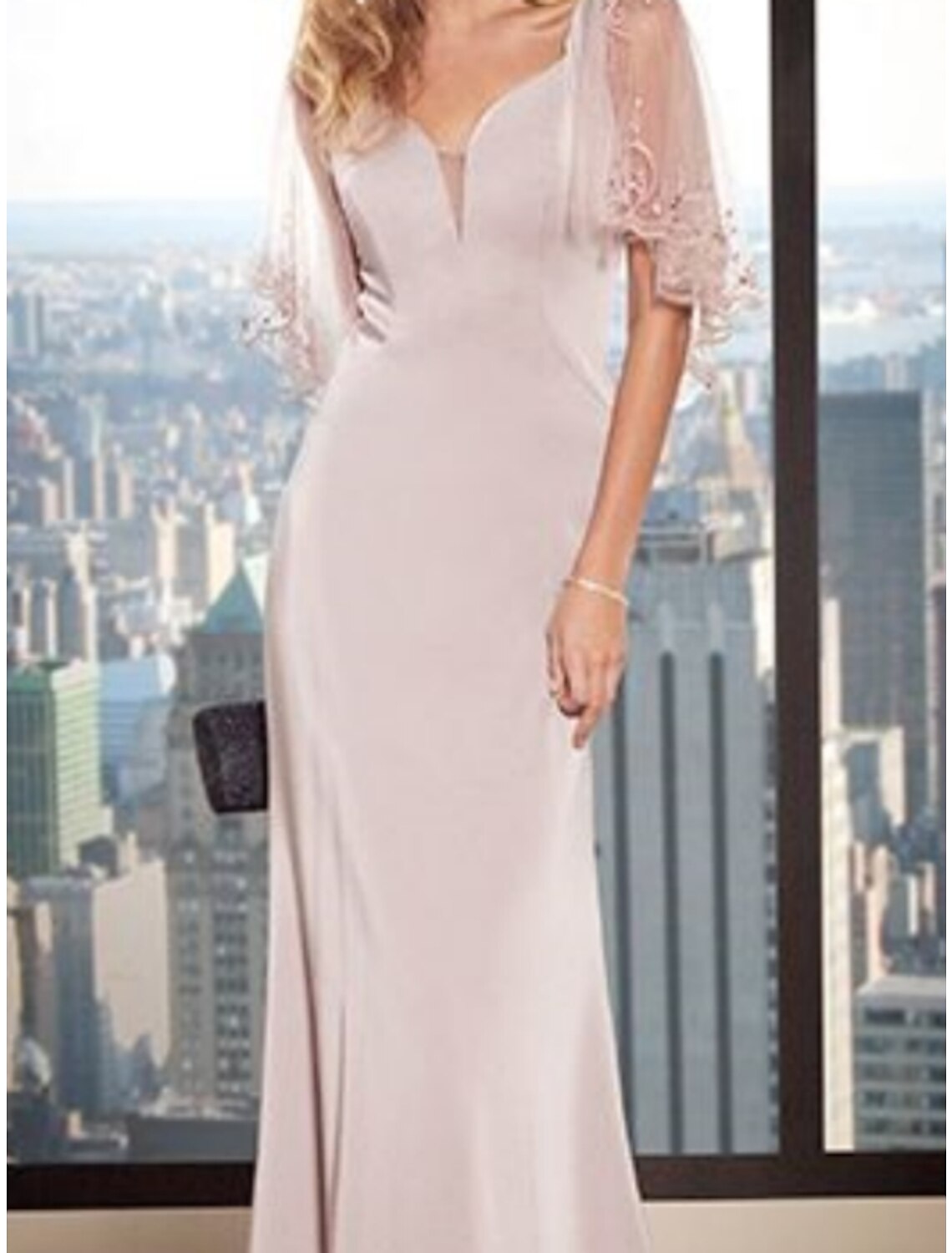 Mother Of The Bride Dress Sheath Gown For Wedding Guests Elegant Chiffon Lace V Neck Floor Length Short Sleeve Pleats