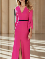 Mother Of The Bride Dress Elegant Sheath V Neck With Brush Train Long Sleeve Stretch Fabric