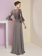 Mother Of The Bride Dress Elegant V Neck A Line Lace Chiffon Beading Appliques Sweep Train Three Quarter Sleeve For MOB