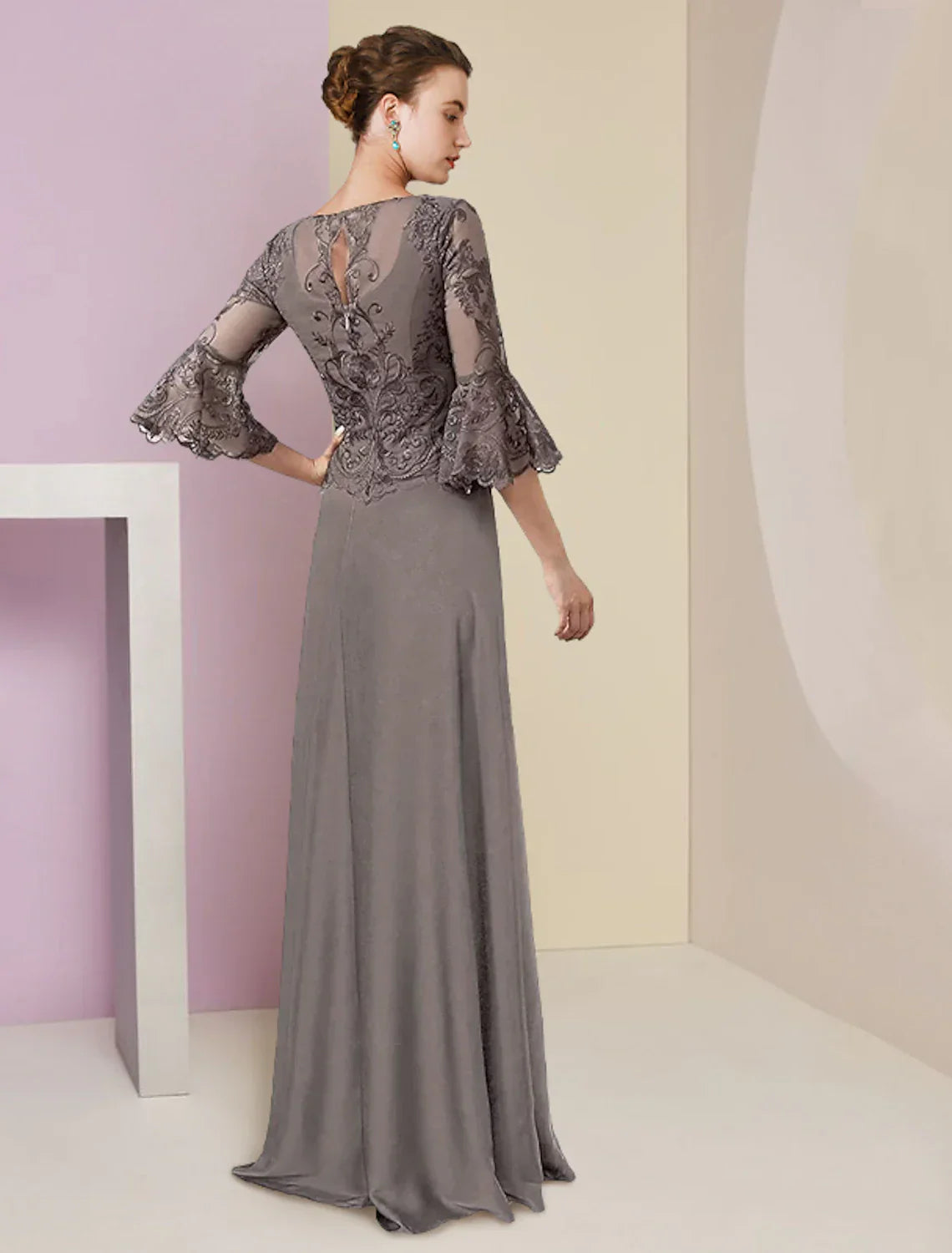 Mother Of The Bride Dress Elegant V Neck A Line Lace Chiffon Beading Appliques Sweep Train Three Quarter Sleeve For MOB