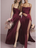 Bridesmaid Dress Sheath Spaghetti Strap Elegant Charmeuse Floor Length Split Front Ruching For Wedding Party