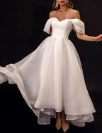 Little White Wedding Dresses Aline Off Shoulder Cap Sleeve Organza Reception Gowns For Brides