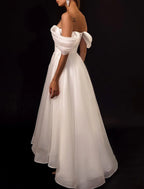 Little White Wedding Dresses Aline Off Shoulder Cap Sleeve Organza Reception Gowns For Brides
