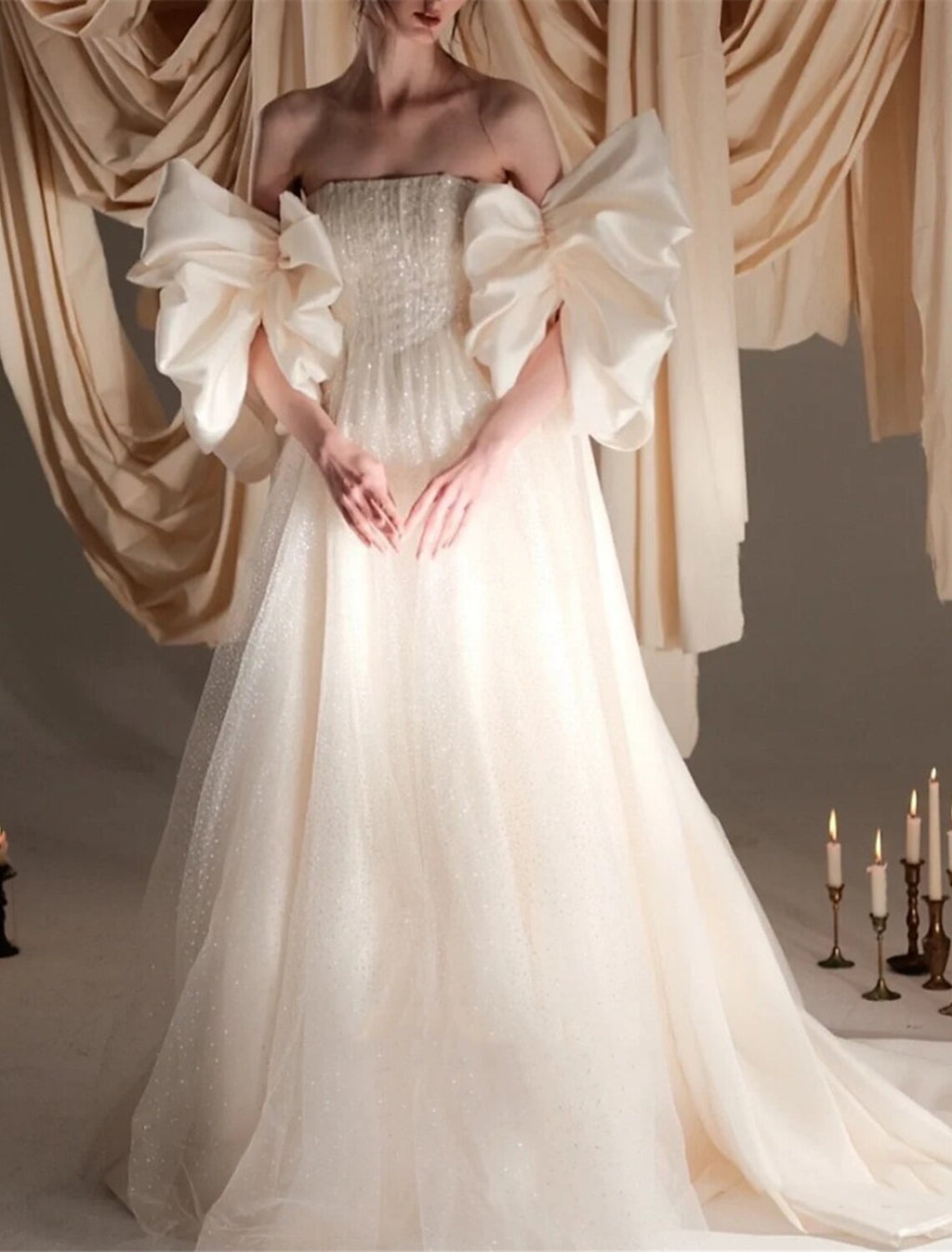 Glitter Wedding Dress For Brides Satin A Line Square Neck Short Sleeve Court Train Gown