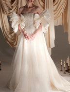 Glitter Wedding Dress For Brides Satin A Line Square Neck Short Sleeve Court Train Gown
