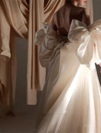 Glitter Wedding Dress For Brides Satin A Line Square Neck Short Sleeve Court Train Gown