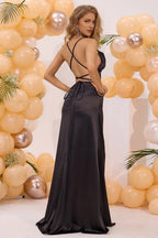 Black Mermaid Evening Dress With Spaghetti Straps Low Cut Lace Up Back Side Slit Glamorous Elegant Formal Wear For Women