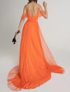 A Line Bridesmaid Dress Off Shoulder Sleeveless Open Back Court Train Satin Tulle for Elegant Bridal Party