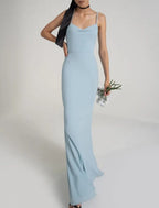 Bridesmaid Dress Sheath Blue Floor Length Spaghetti Strap Sleeveless Stretch Fabric Flattering Fit For Bridesmaids