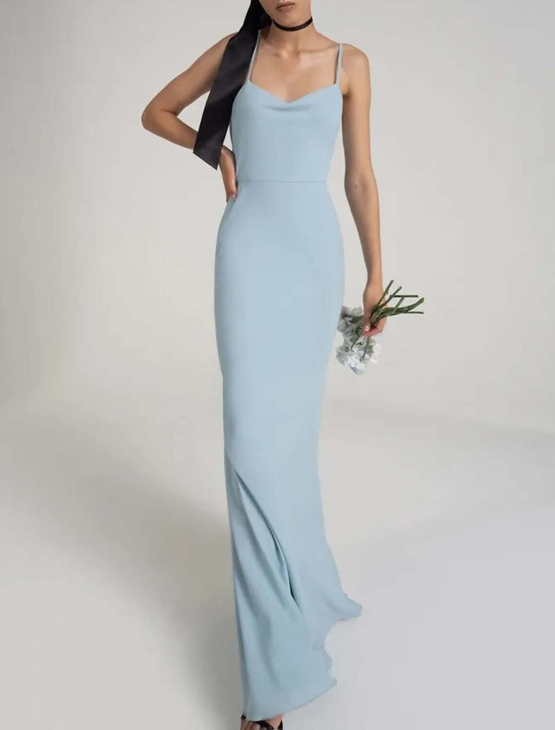 Bridesmaid Dress Sheath Blue Floor Length Spaghetti Strap Sleeveless Stretch Fabric Flattering Fit For Bridesmaids