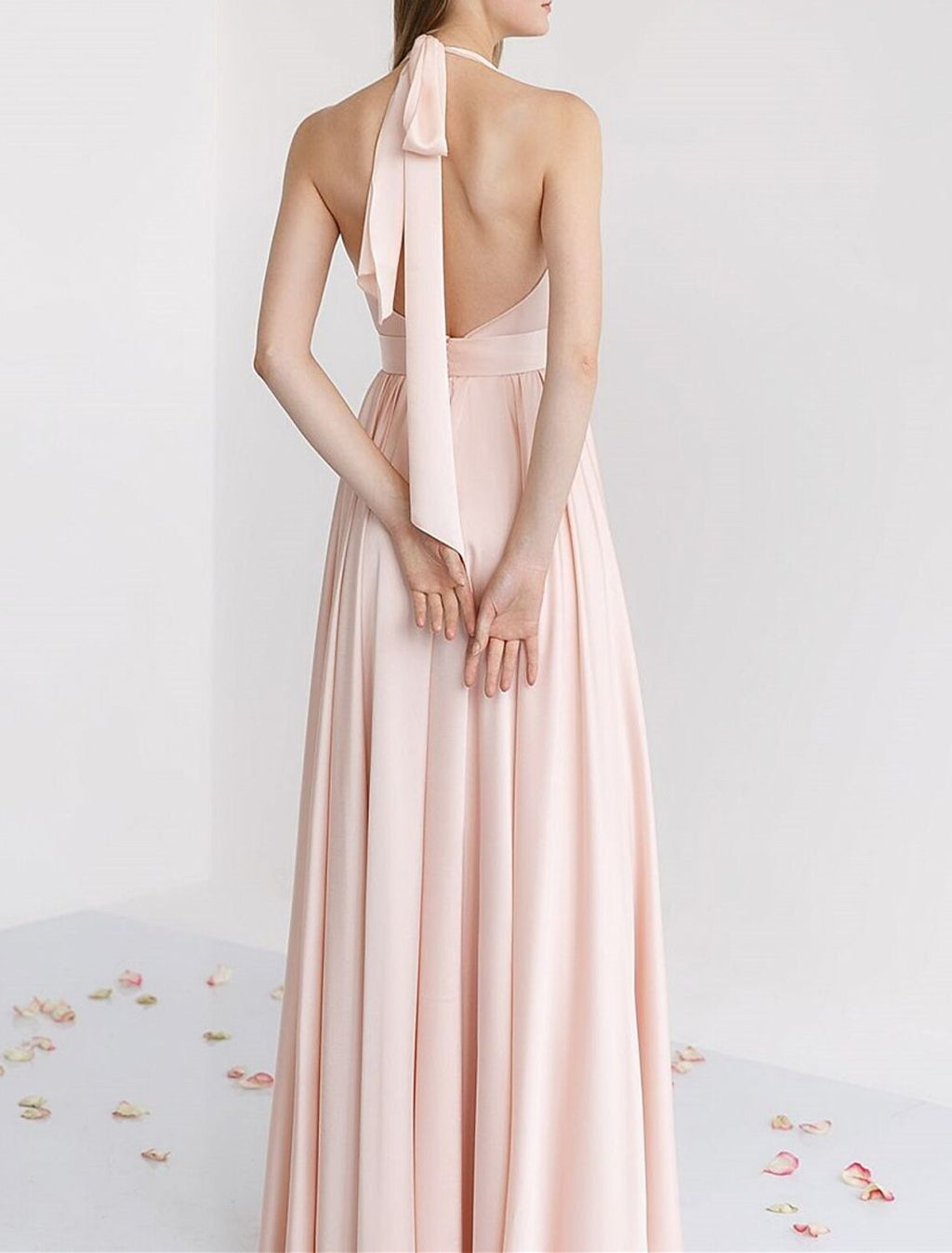 A Line Halter Bridesmaid Dress Pink Satin Floor Length With Ruching For Elegant Bridesmaids