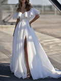 Beach Boho Wedding Dresses A Line Off Shoulder Short Sleeve Chiffon With Split And Court Train For Brides