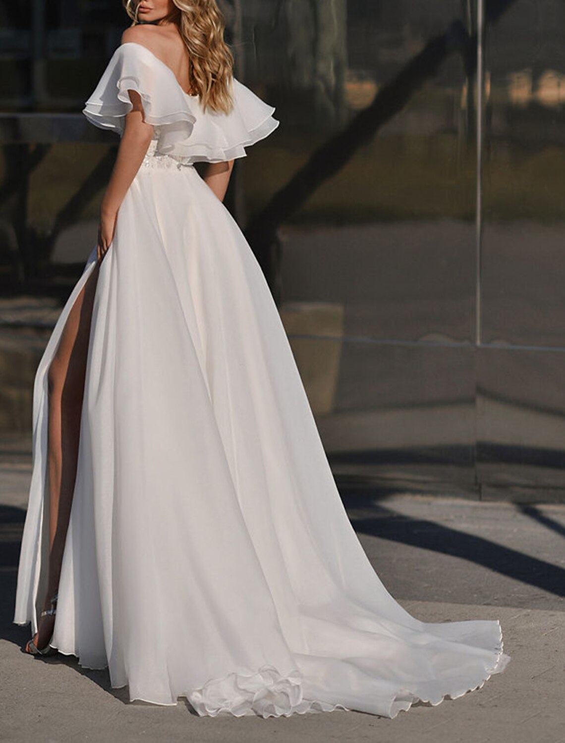 Beach Boho Wedding Dresses A Line Off Shoulder Short Sleeve Chiffon With Split And Court Train For Brides
