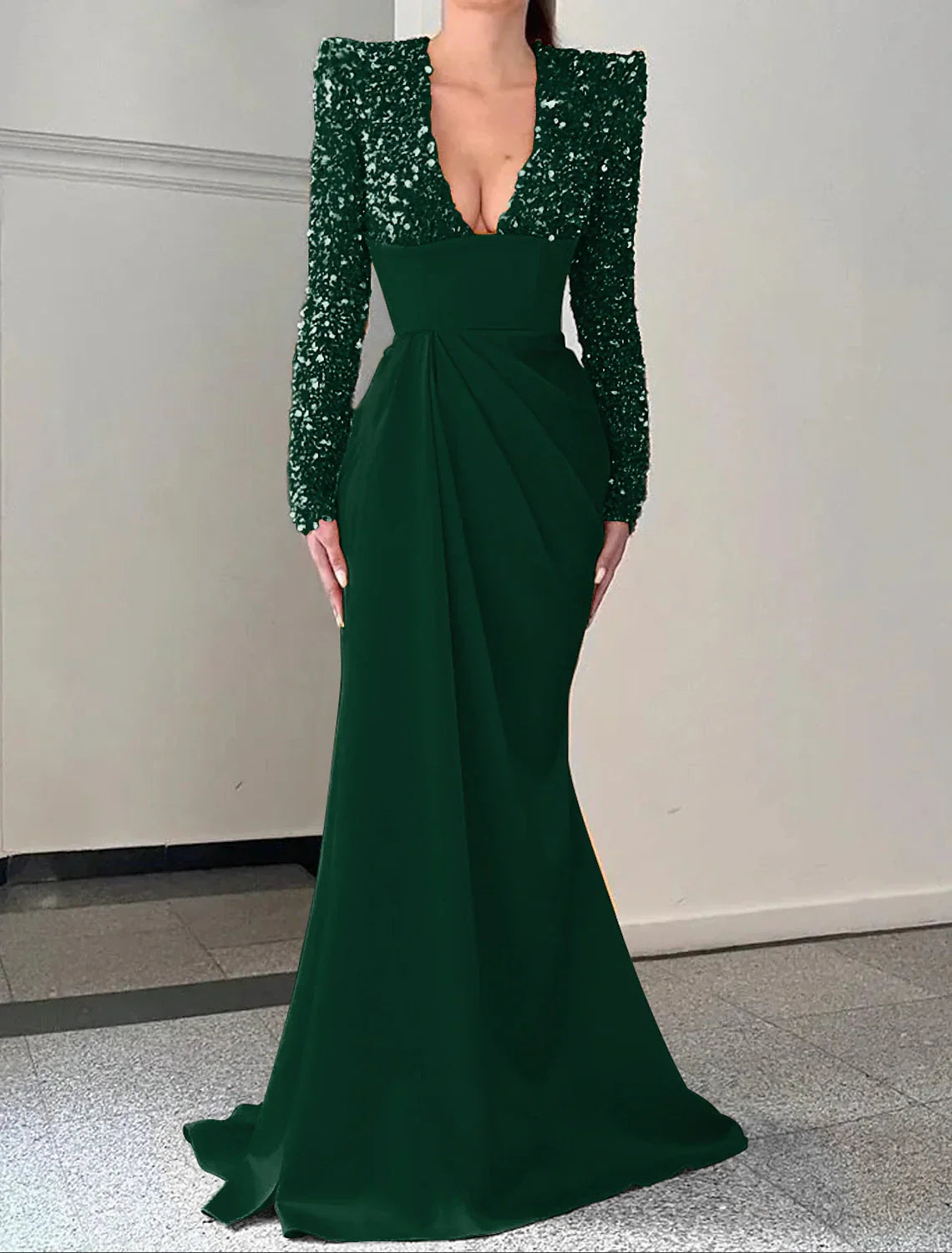 Mermaid Trumpet Evening Gown Sparkle And Shine With Brush Train Long Sleeve V Neck Satin Sequin Dress For Formal Events
