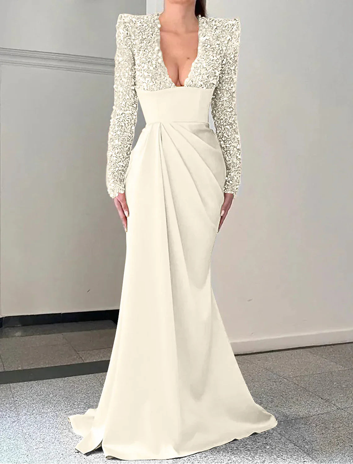 Mermaid Trumpet Evening Gown Sparkle And Shine With Brush Train Long Sleeve V Neck Satin Sequin Dress For Formal Events