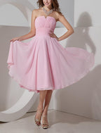 A Line Bridesmaid Dress Strapless V Neck Sleeveless Knee Length Chiffon Satin Shantung Pleats Draping Ruching Elegant