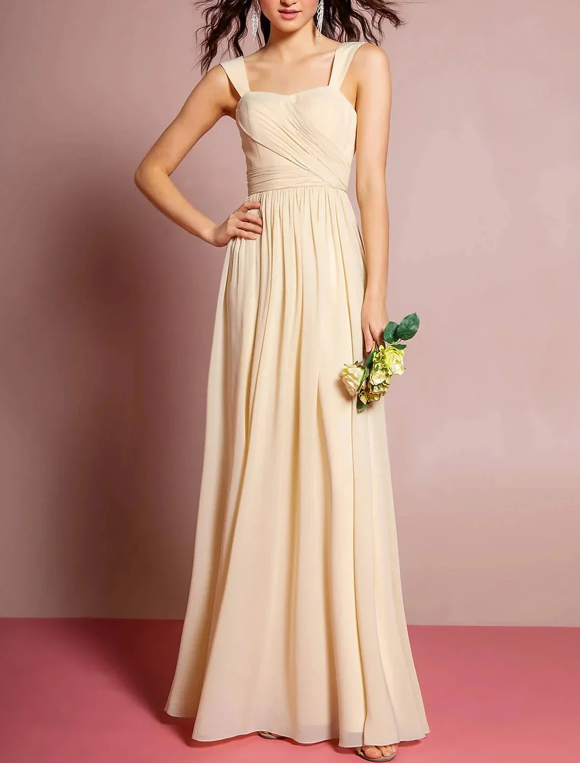 Elegant A Line Bridesmaid Dress In Chiffon With Ruched Floor Length Spaghetti Strap For Bridesmaids