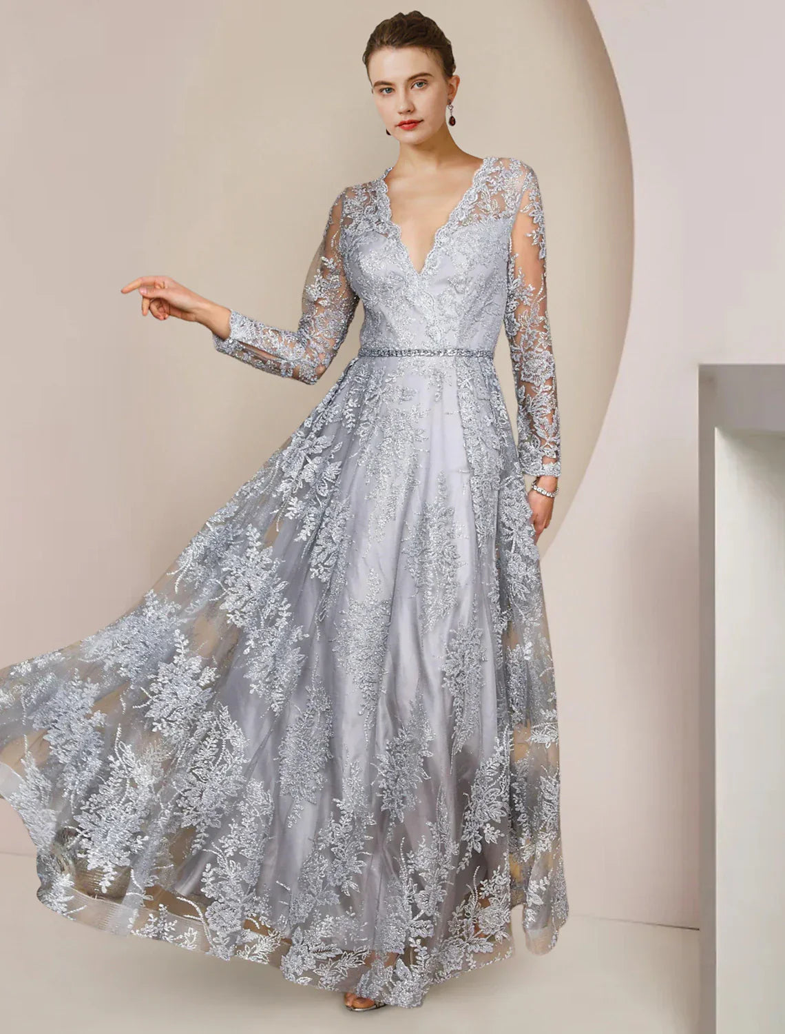 Mother of the Bride Dress Aline Elegant Lace Gown with V Neck Long Sleeves Floor Length