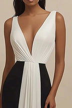 A Line Black And White Evening Dress With Deep V Neck And Wide Shoulder Straps For Glamorous Galas And Weddings
