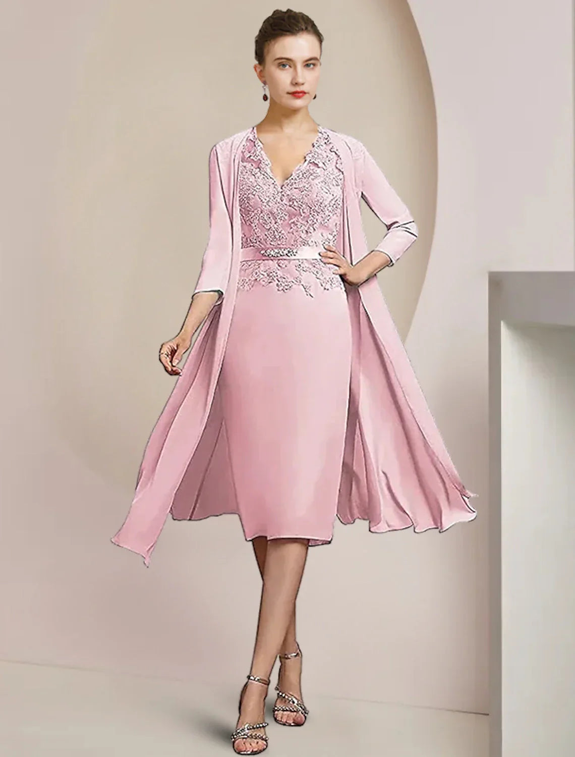 Mother Of The Bride Dress Two Piece Sheath Chiffon Lace With Appliques Crystal Brooch V Neck Knee Length Elegant