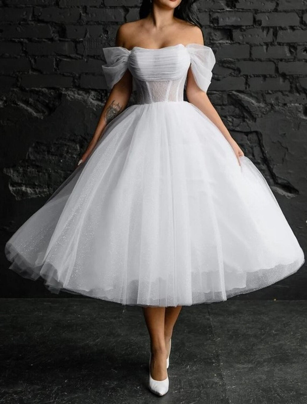 Little White Lace Bridal Dress Off Shoulder Sleeveless Tea Length Gown With Appliques Glitter Sparkle For Brides