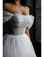 Little White Lace Bridal Dress Off Shoulder Sleeveless Tea Length Gown With Appliques Glitter Sparkle For Brides