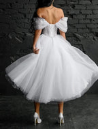 Little White Lace Bridal Dress Off Shoulder Sleeveless Tea Length Gown With Appliques Glitter Sparkle For Brides