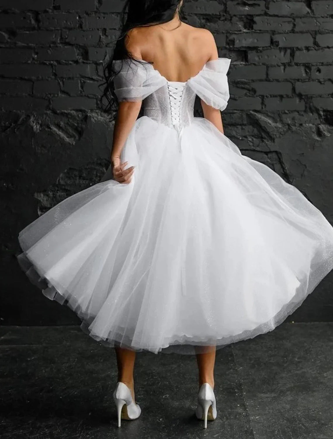 Little White Lace Bridal Dress Off Shoulder Sleeveless Tea Length Gown With Appliques Glitter Sparkle For Brides