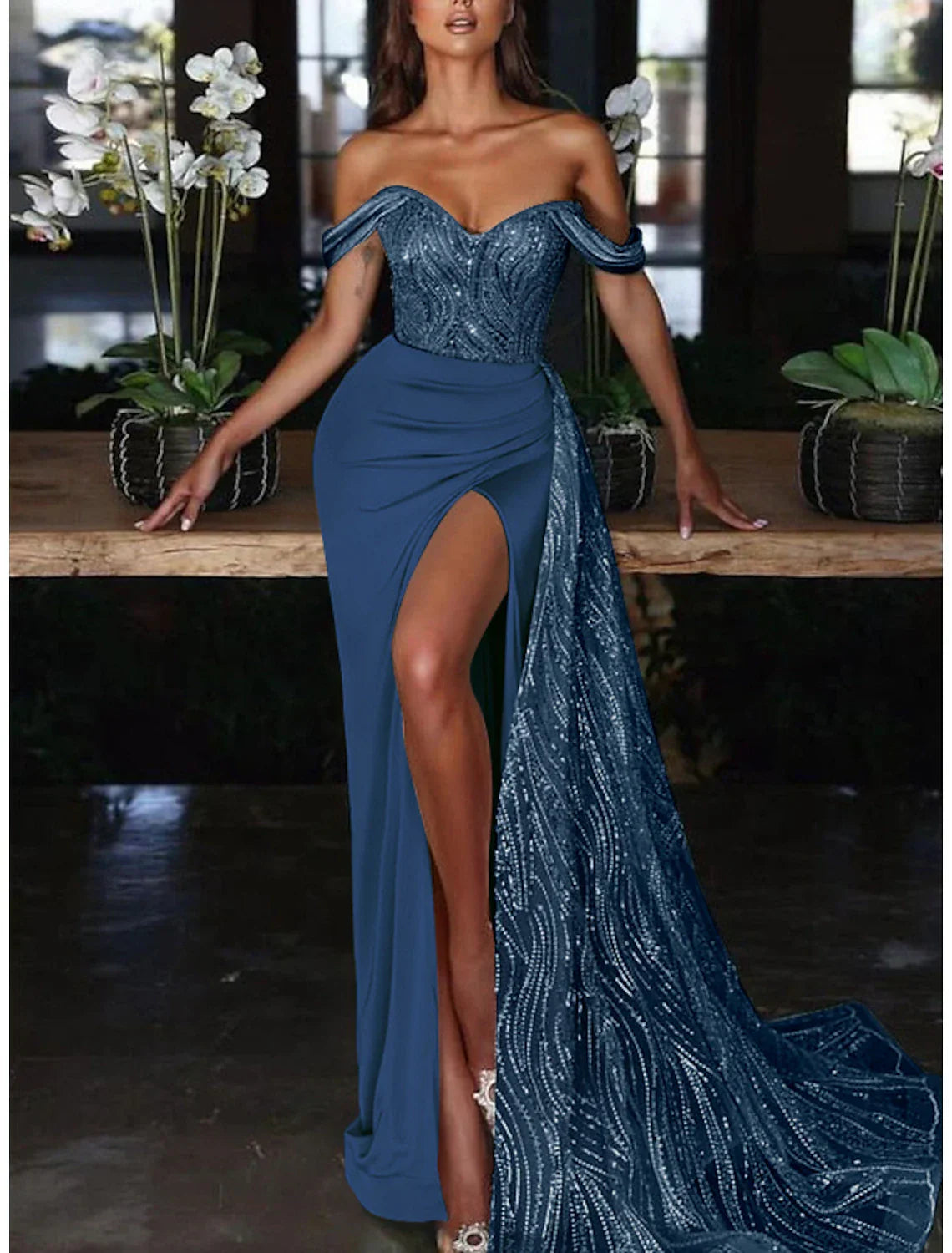 Mermaid Trumpet Evening Gown Glamorous Off Shoulder Ruched Sequin Charmeuse For Wedding Guests