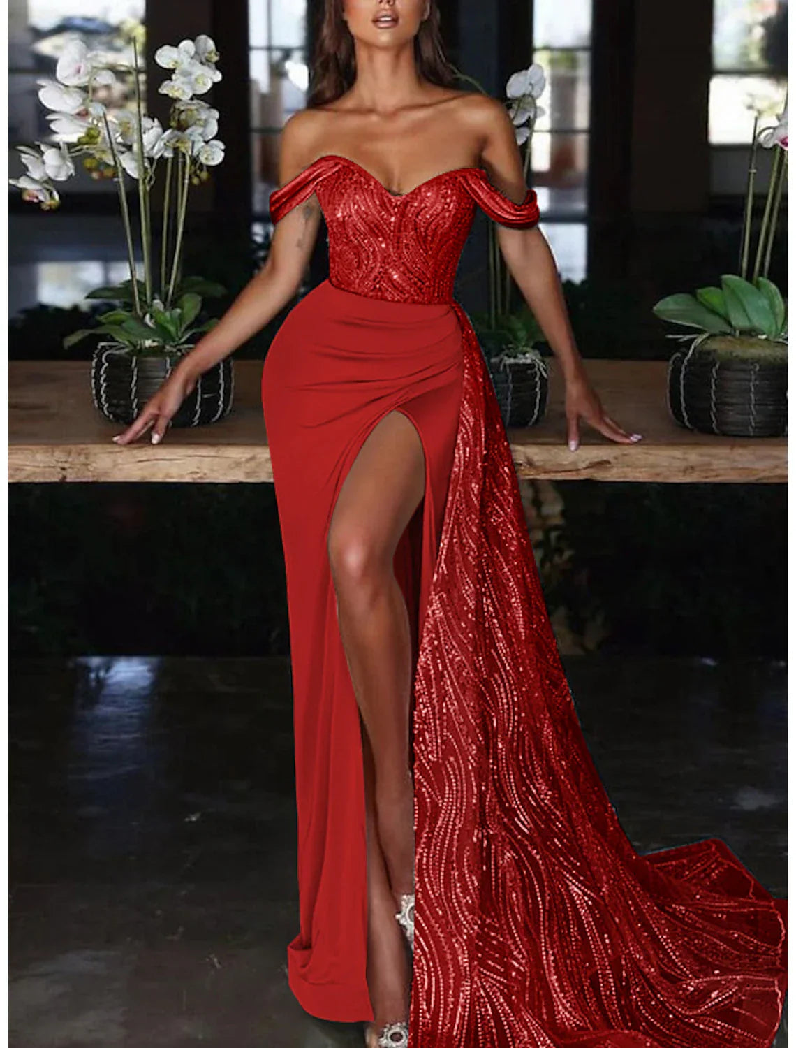 Mermaid Trumpet Evening Gown Glamorous Off Shoulder Ruched Sequin Charmeuse For Wedding Guests