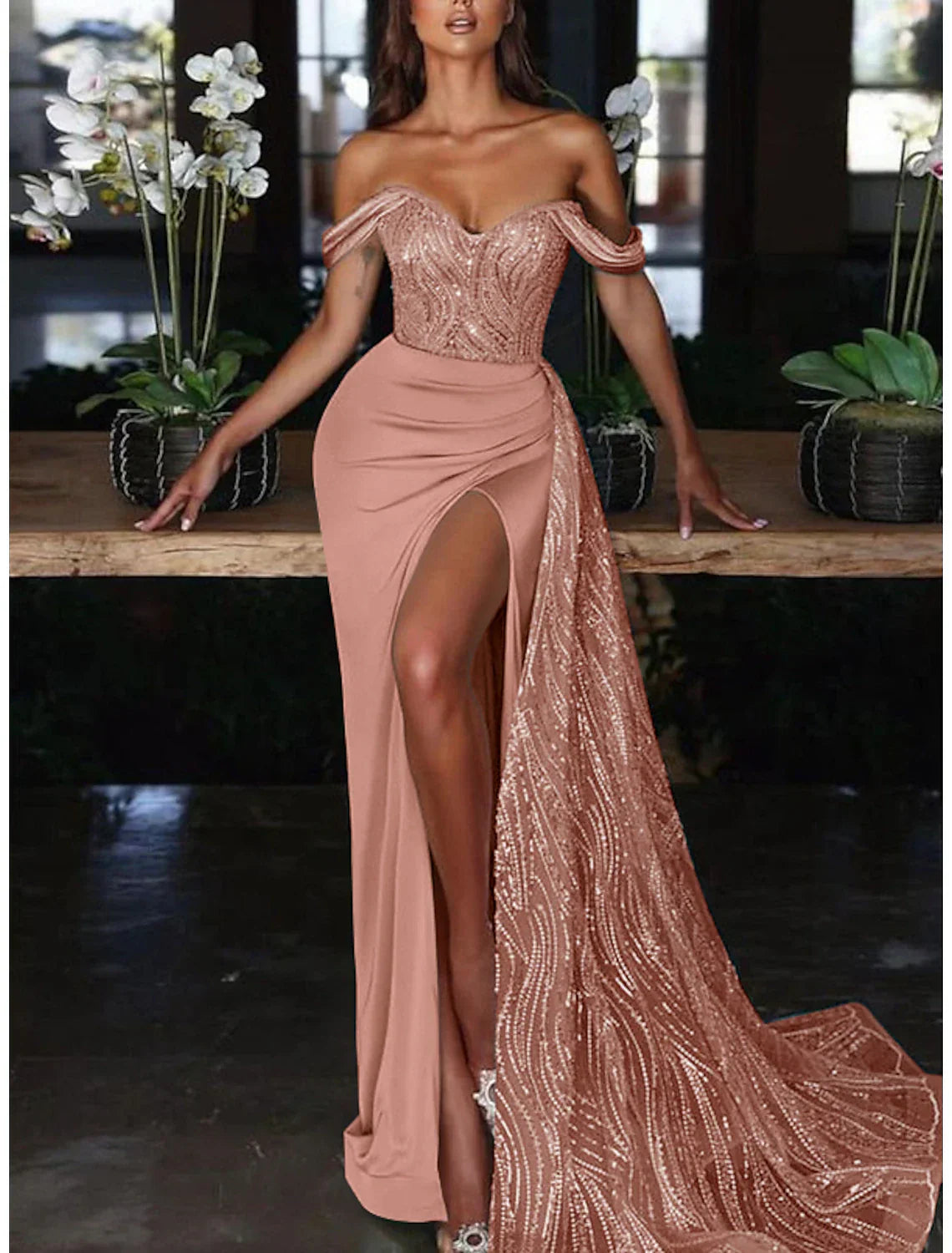 Mermaid Trumpet Evening Gown Glamorous Off Shoulder Ruched Sequin Charmeuse For Wedding Guests