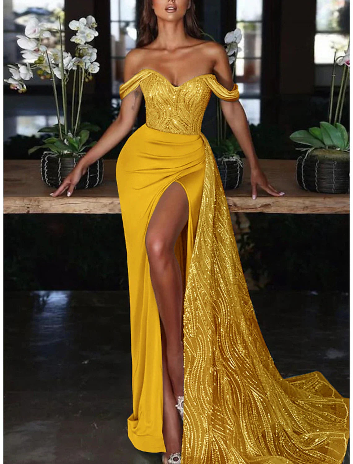 Mermaid Trumpet Evening Gown Glamorous Off Shoulder Ruched Sequin Charmeuse For Wedding Guests