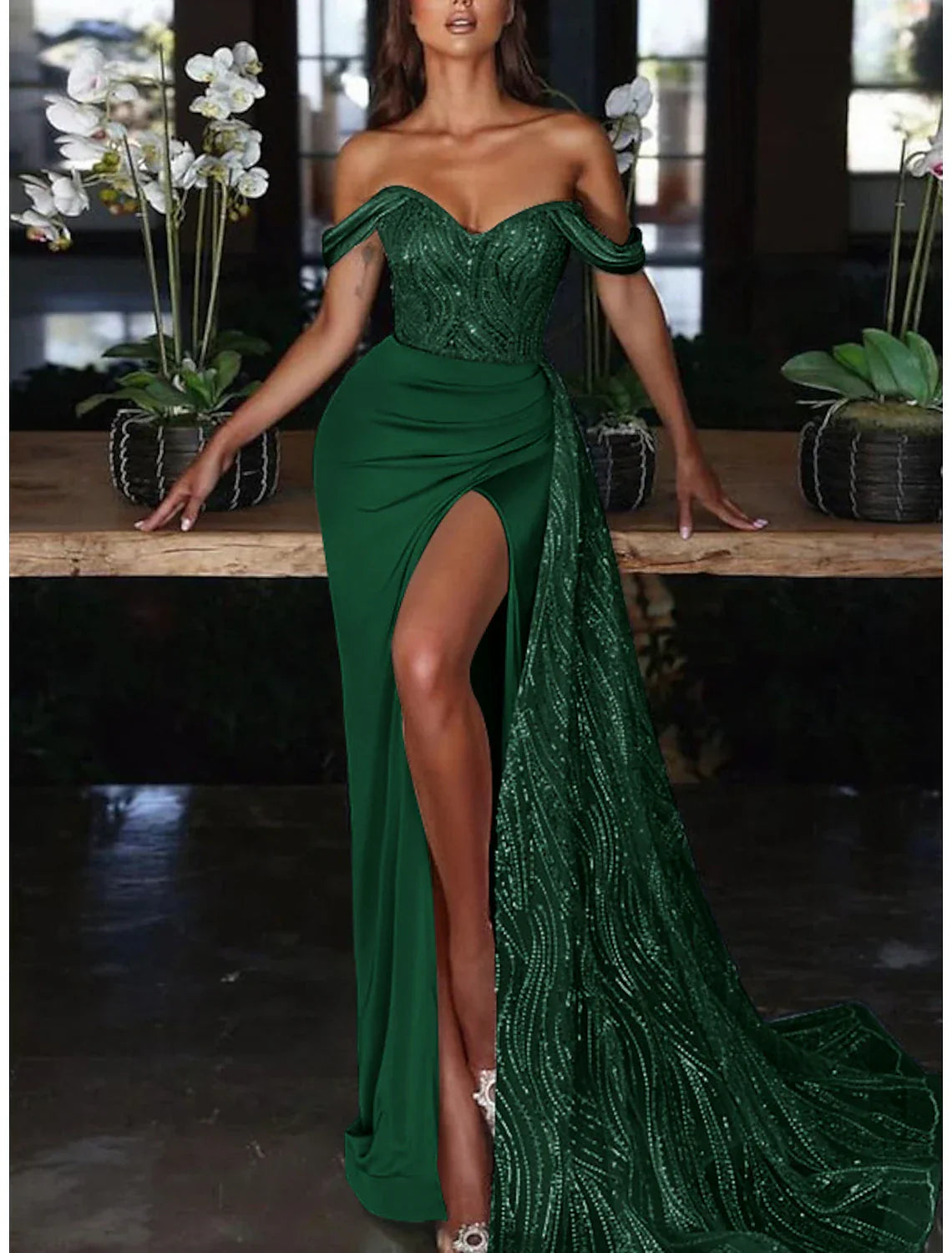 Mermaid Trumpet Evening Gown Glamorous Off Shoulder Ruched Sequin Charmeuse For Wedding Guests