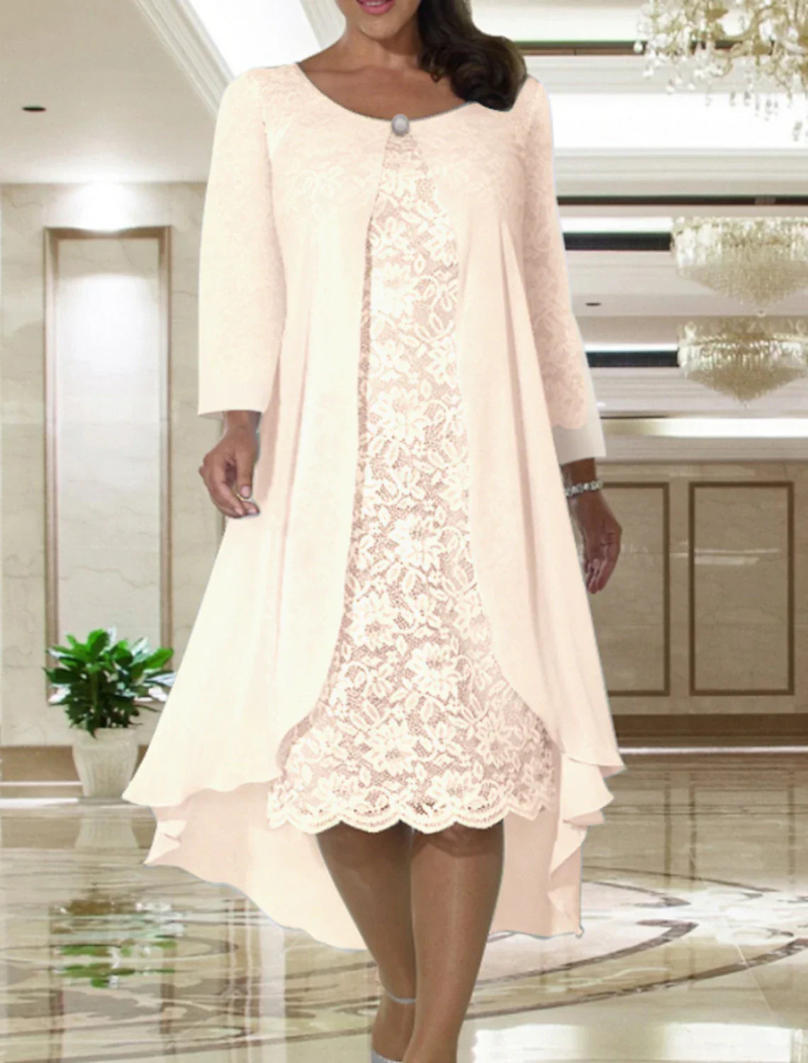 Plus Size Two Piece Mother Of The Bride Dress A Line Chiffon Lace Jacket Tea Length Elegant Fall Wedding Guest