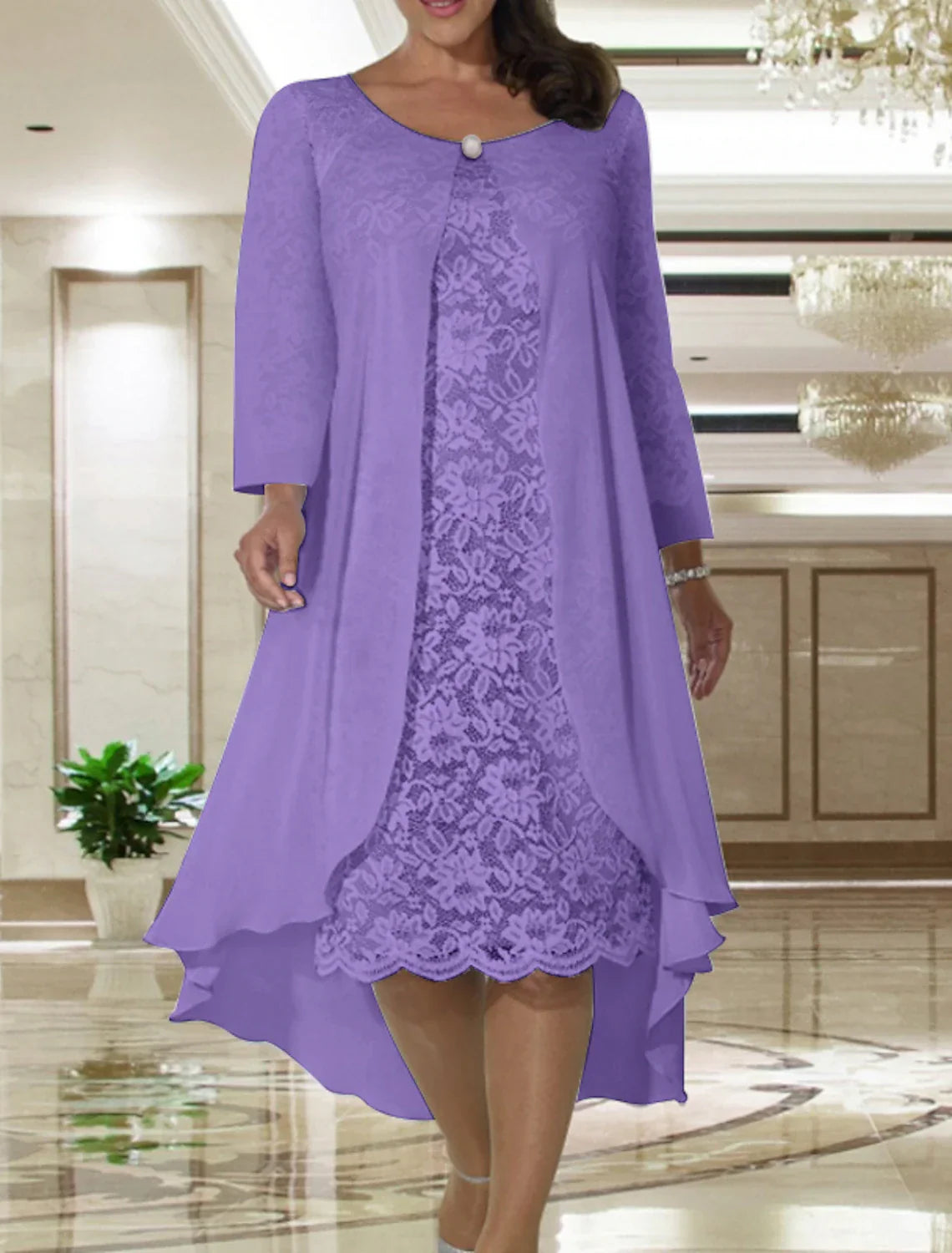 Plus Size Two Piece Mother Of The Bride Dress A Line Chiffon Lace Jacket Tea Length Elegant Fall Wedding Guest