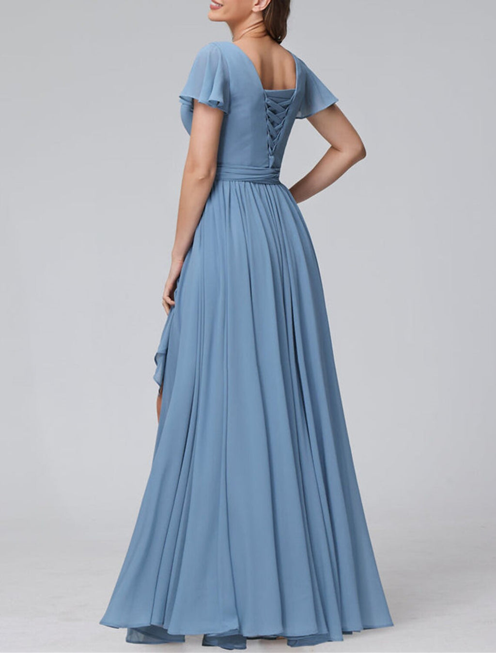 Elegant A Line Bridesmaid Dress V Neck Short Sleeve Blue Floor Length Chiffon With Split Front And Ruched Details