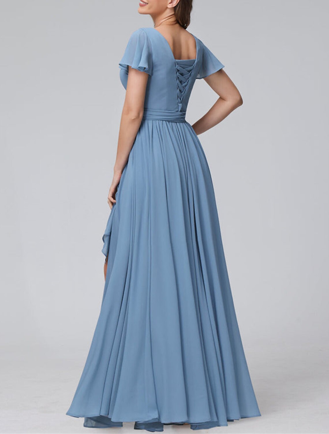 Elegant A Line Bridesmaid Dress V Neck Short Sleeve Blue Floor Length Chiffon With Split Front And Ruched Details