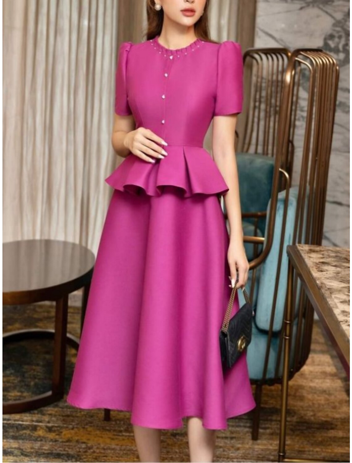 Elegant A Line Mother Of The Bride Wedding Dress Satin Tea Length With Jewel Neck Short Sleeve Buttons Pleats