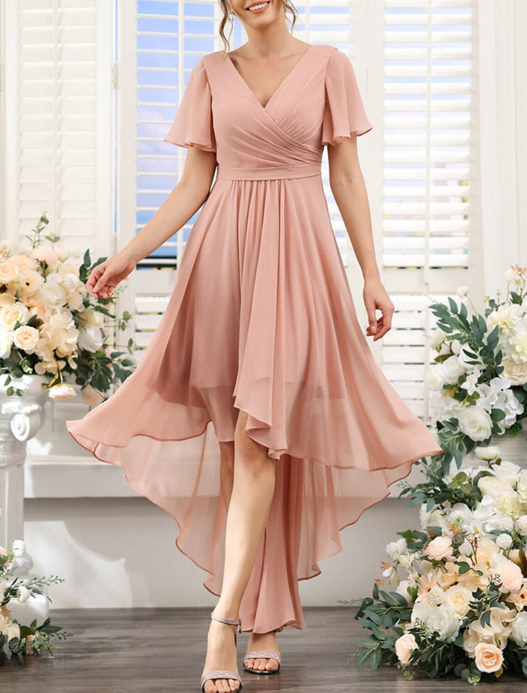 Bridesmaid Dress A Line V Neck Short Sleeve Pink Chiffon With Ruched Asymmetrical Hem
