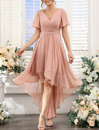 Bridesmaid Dress A Line V Neck Short Sleeve Pink Chiffon With Ruched Asymmetrical Hem