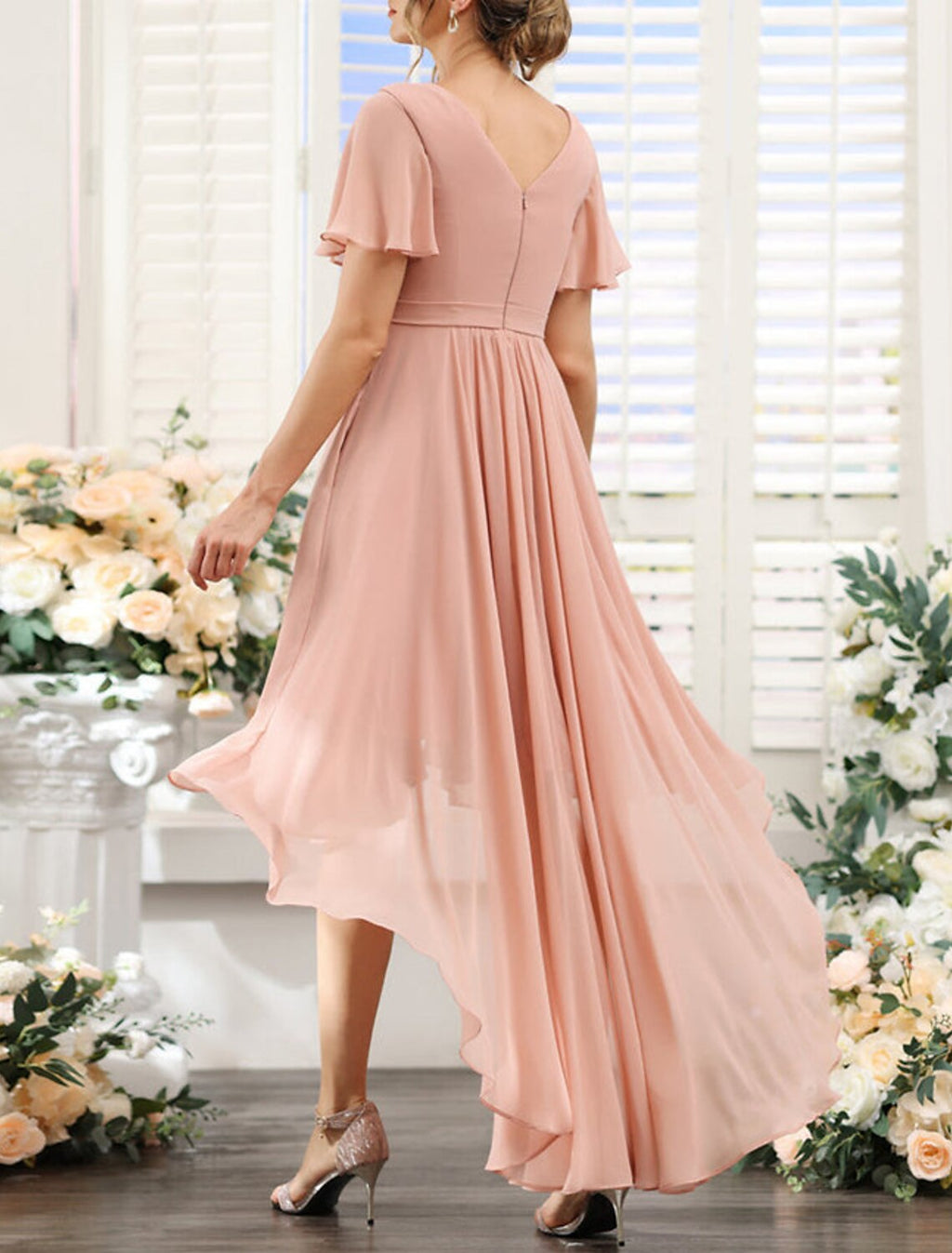 Bridesmaid Dress A Line V Neck Short Sleeve Pink Chiffon With Ruched Asymmetrical Hem