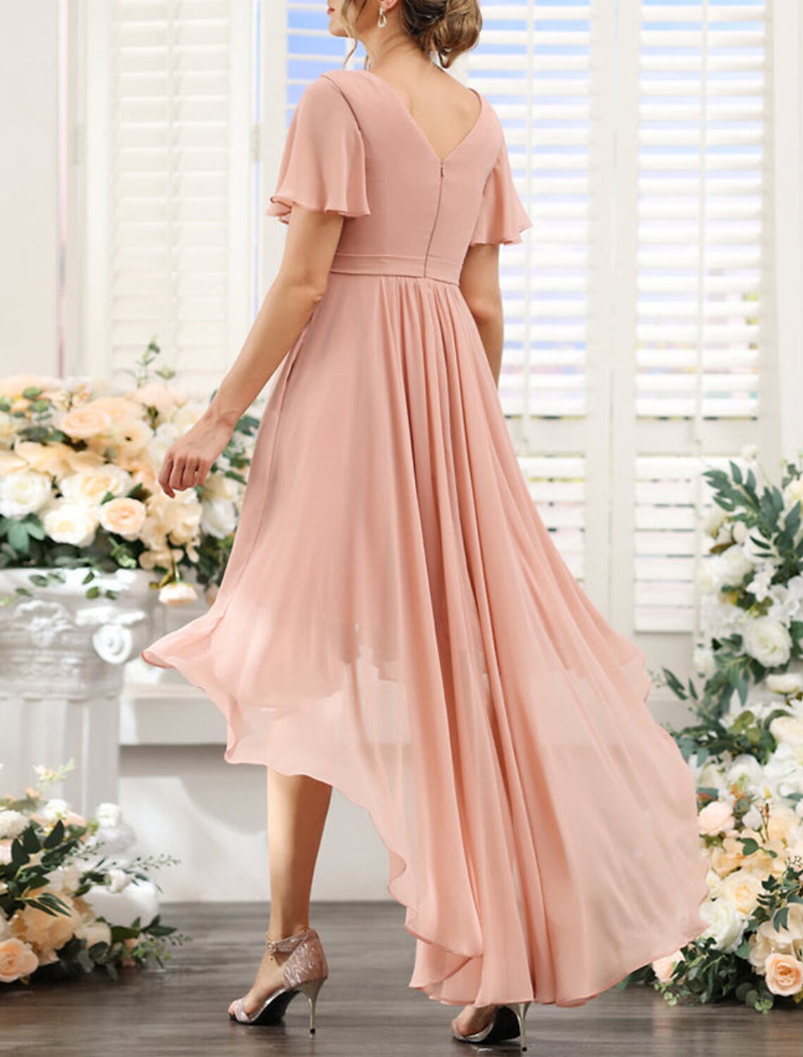 Bridesmaid Dress A Line V Neck Short Sleeve Pink Chiffon With Ruched Asymmetrical Hem